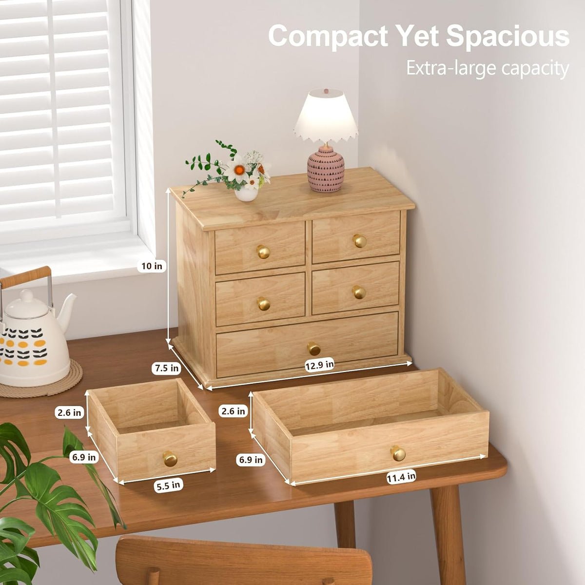 Oak Desk Organizer with Drawers, Durable Wooden Desktop Storage Box