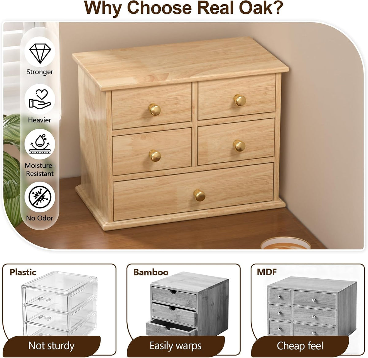 Oak Desk Organizer with Drawers, Durable Wooden Desktop Storage Box