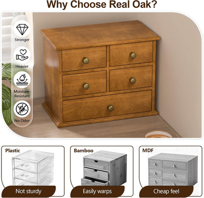 Oak Desk Organizer with Drawers, Durable Wooden Desktop Storage Box