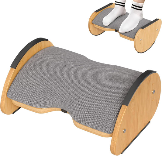 Bamboo Under Desk Footrest with Cushion 3-in-1, Reversible Ergonomic Wood Rocking Foot Rest for Under Desk at Work, Adjustable Foot Stools with Washable Cover, Desk Leg Rest for Home Office