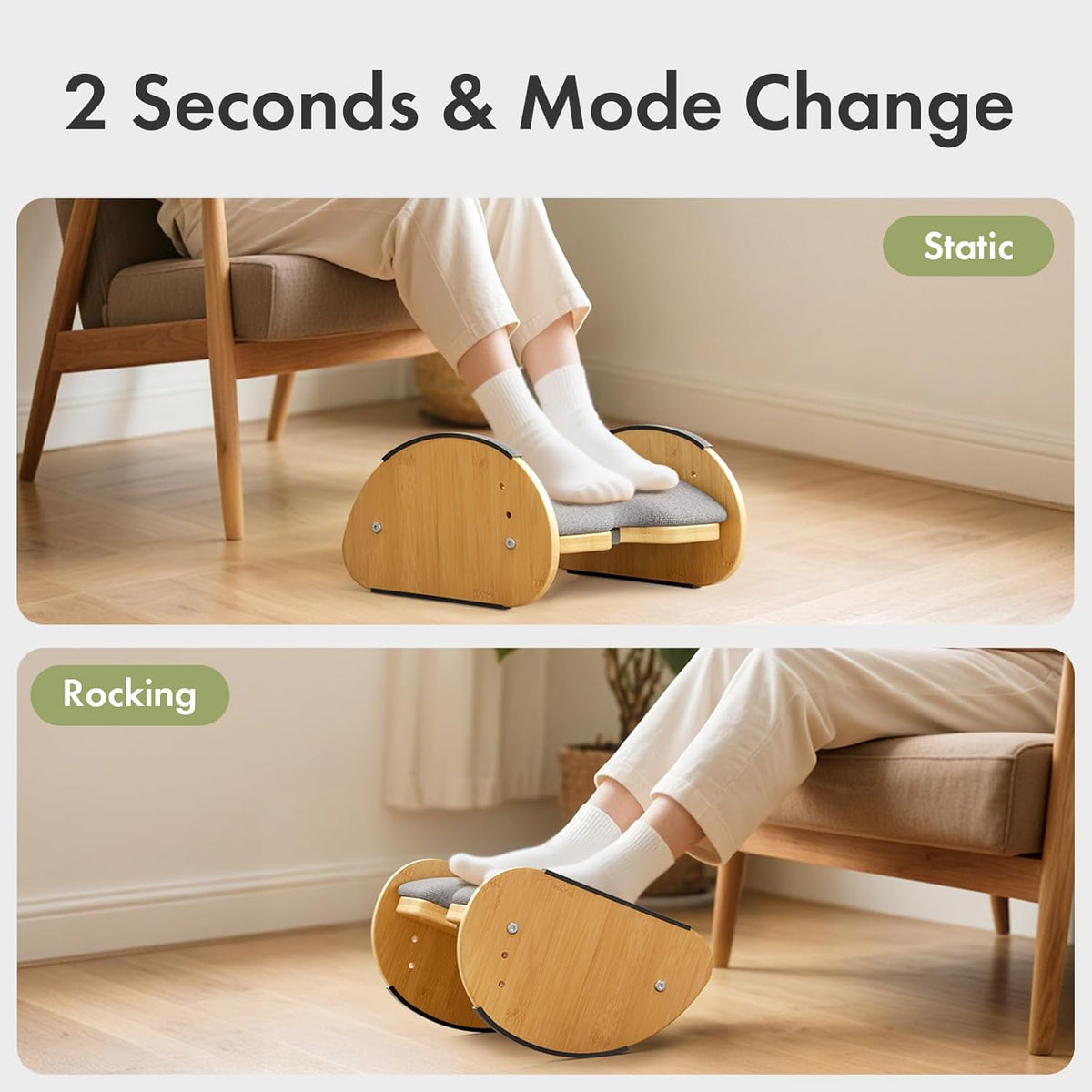 Bamboo Under Desk Footrest with Cushion 3-in-1, Reversible Ergonomic Wood Rocking Foot Rest for Under Desk at Work, Adjustable Foot Stools with Washable Cover, Desk Leg Rest for Home Office