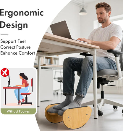 Bamboo Under Desk Footrest with Cushion 3-in-1, Reversible Ergonomic Wood Rocking Foot Rest for Under Desk at Work, Adjustable Foot Stools with Washable Cover, Desk Leg Rest for Home Office