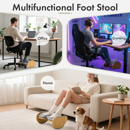 Bamboo Under Desk Footrest with Cushion 3-in-1, Reversible Ergonomic Wood Rocking Foot Rest for Under Desk at Work, Adjustable Foot Stools with Washable Cover, Desk Leg Rest for Home Office