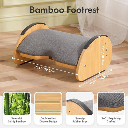 Bamboo Under Desk Footrest with Cushion 3-in-1, Reversible Ergonomic Wood Rocking Foot Rest for Under Desk at Work, Adjustable Foot Stools with Washable Cover, Desk Leg Rest for Home Office