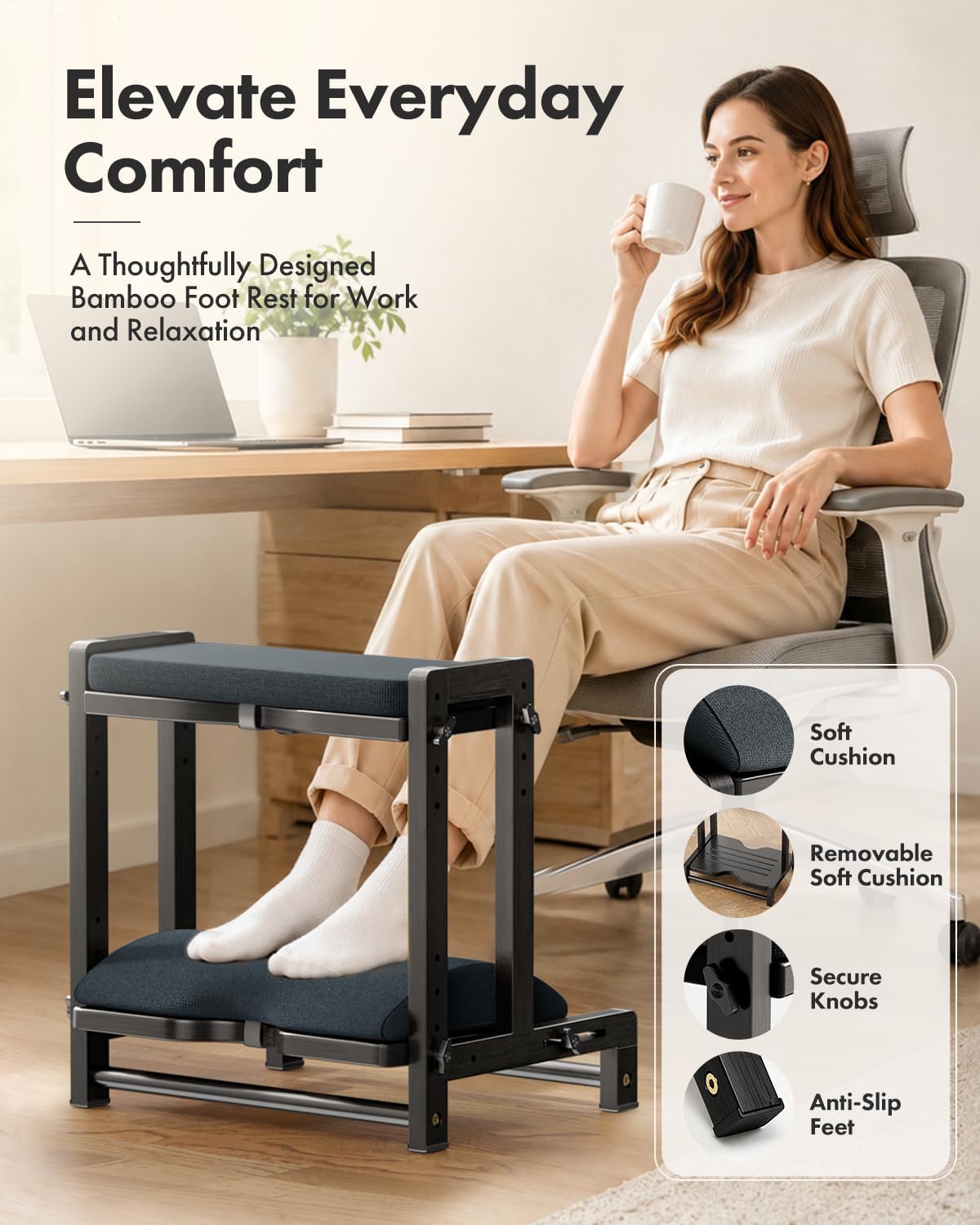 Bamboo Under Desk Footrest with Cushion 3-in-1, Reversible Ergonomic Wood Rocking Foot Rest for Under Desk at Work, Adjustable Foot Stools with Washable Cover, Desk Leg Rest for Home Office