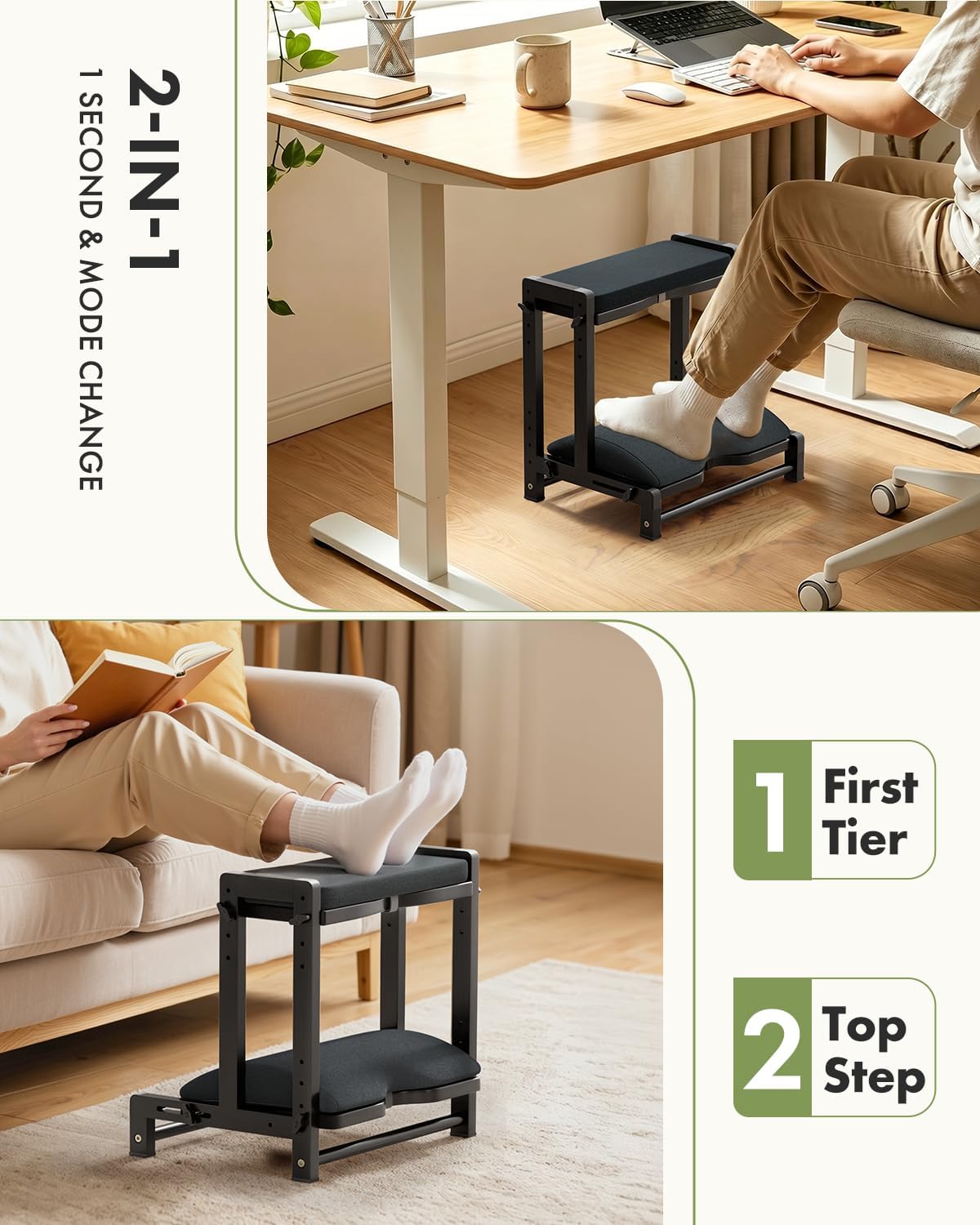 Bamboo Under Desk Footrest with Cushion 3-in-1, Reversible Ergonomic Wood Rocking Foot Rest for Under Desk at Work, Adjustable Foot Stools with Washable Cover, Desk Leg Rest for Home Office