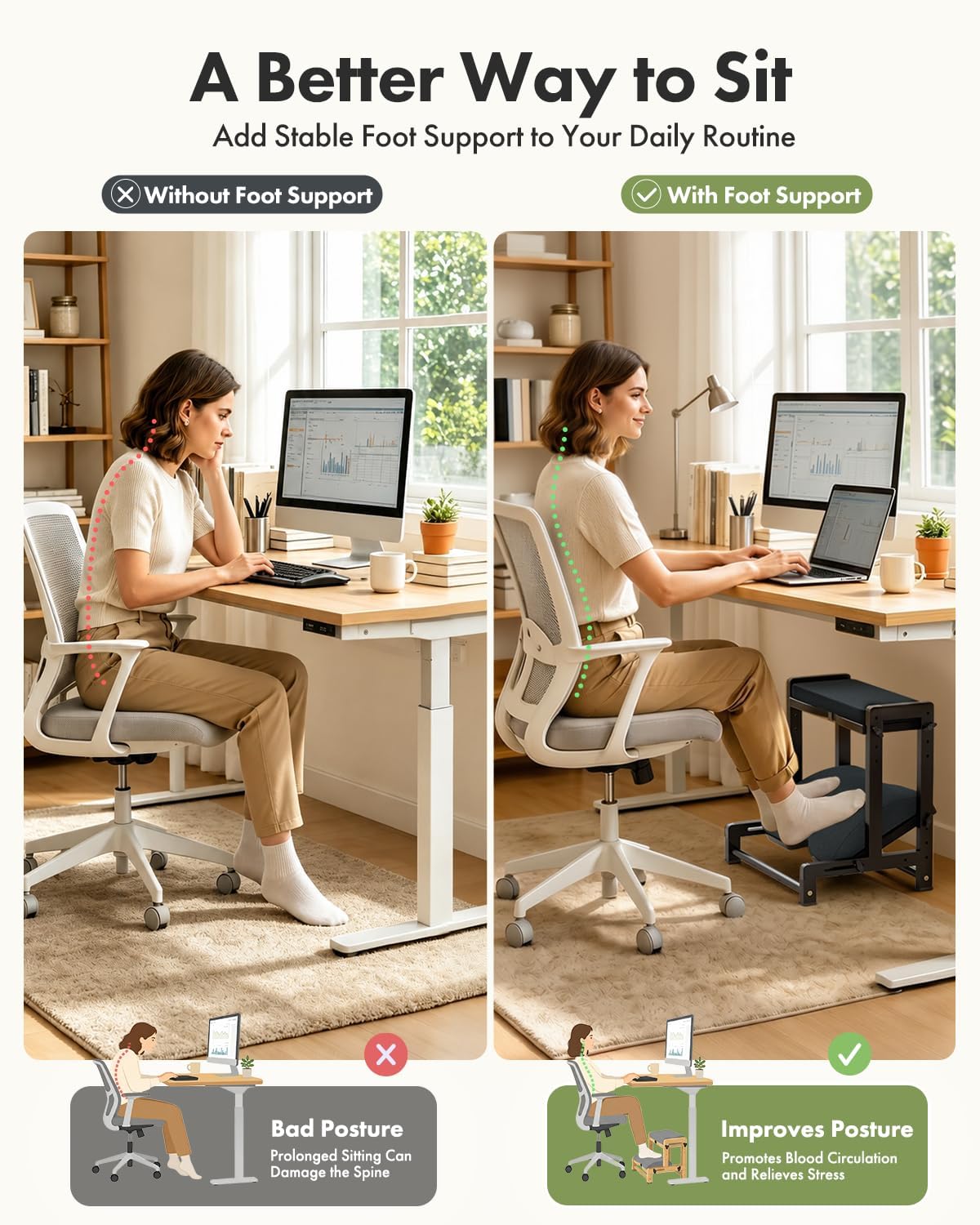 Bamboo Under Desk Footrest with Cushion 3-in-1, Reversible Ergonomic Wood Rocking Foot Rest for Under Desk at Work, Adjustable Foot Stools with Washable Cover, Desk Leg Rest for Home Office