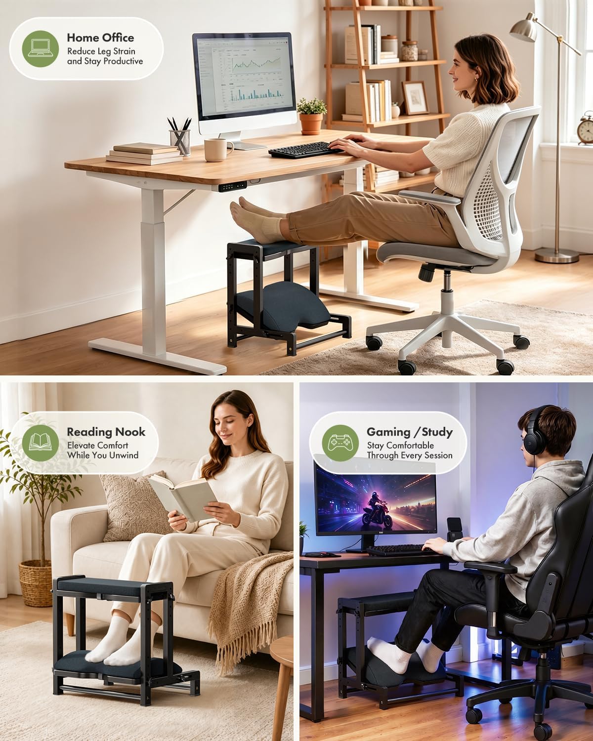 Bamboo Under Desk Footrest with Cushion 3-in-1, Reversible Ergonomic Wood Rocking Foot Rest for Under Desk at Work, Adjustable Foot Stools with Washable Cover, Desk Leg Rest for Home Office