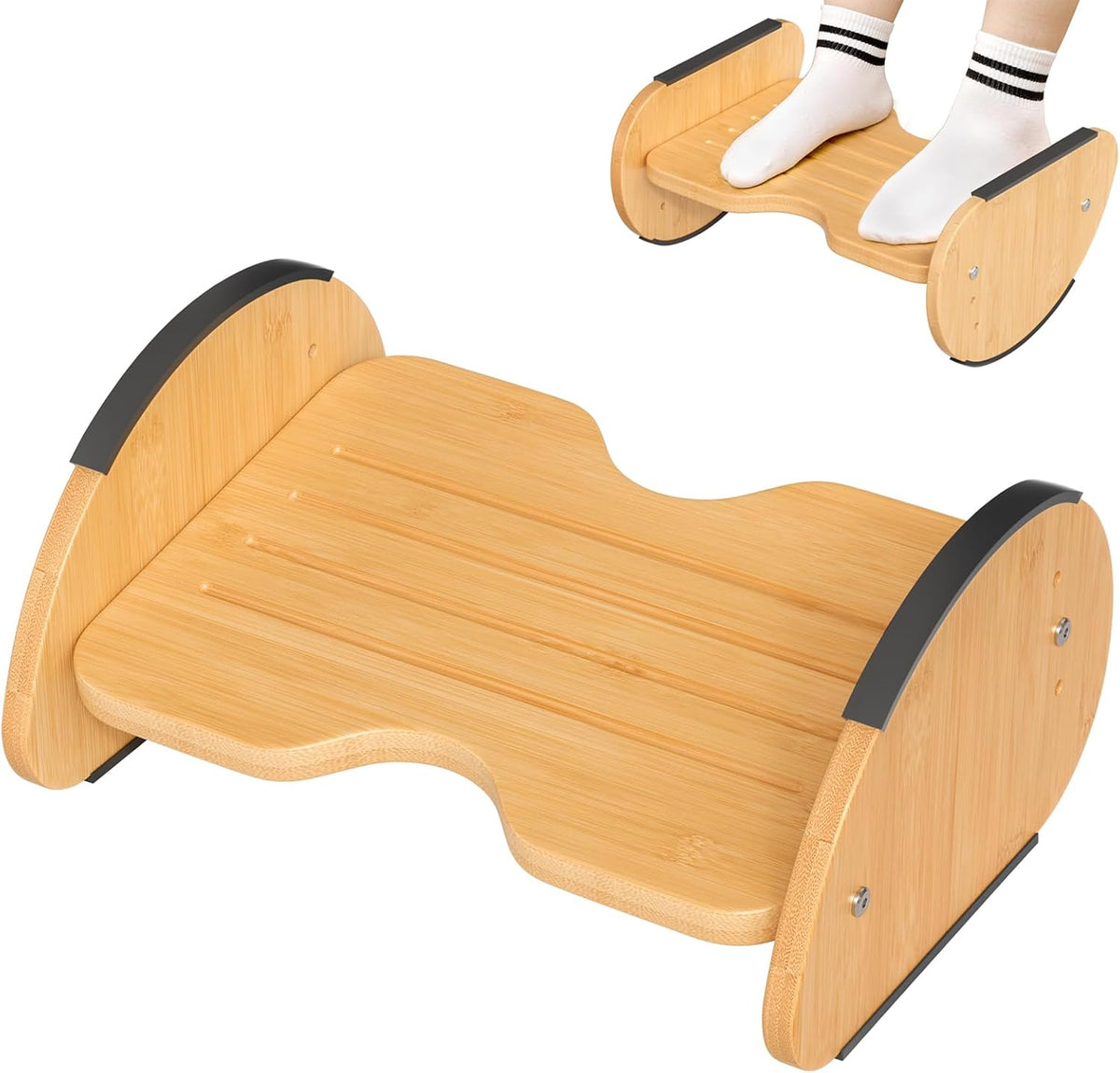Bamboo Under Desk Footrest with Cushion 3-in-1, Reversible Ergonomic Wood Rocking Foot Rest for Under Desk at Work, Adjustable Foot Stools with Washable Cover, Desk Leg Rest for Home Office