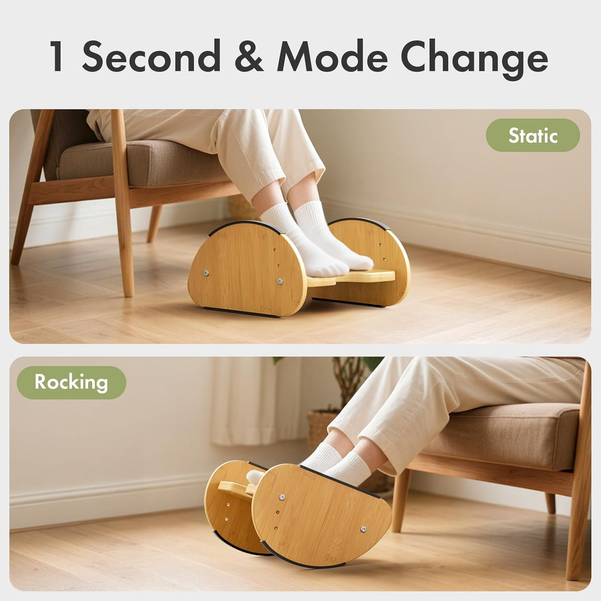 Bamboo Under Desk Footrest with Cushion 3-in-1, Reversible Ergonomic Wood Rocking Foot Rest for Under Desk at Work, Adjustable Foot Stools with Washable Cover, Desk Leg Rest for Home Office