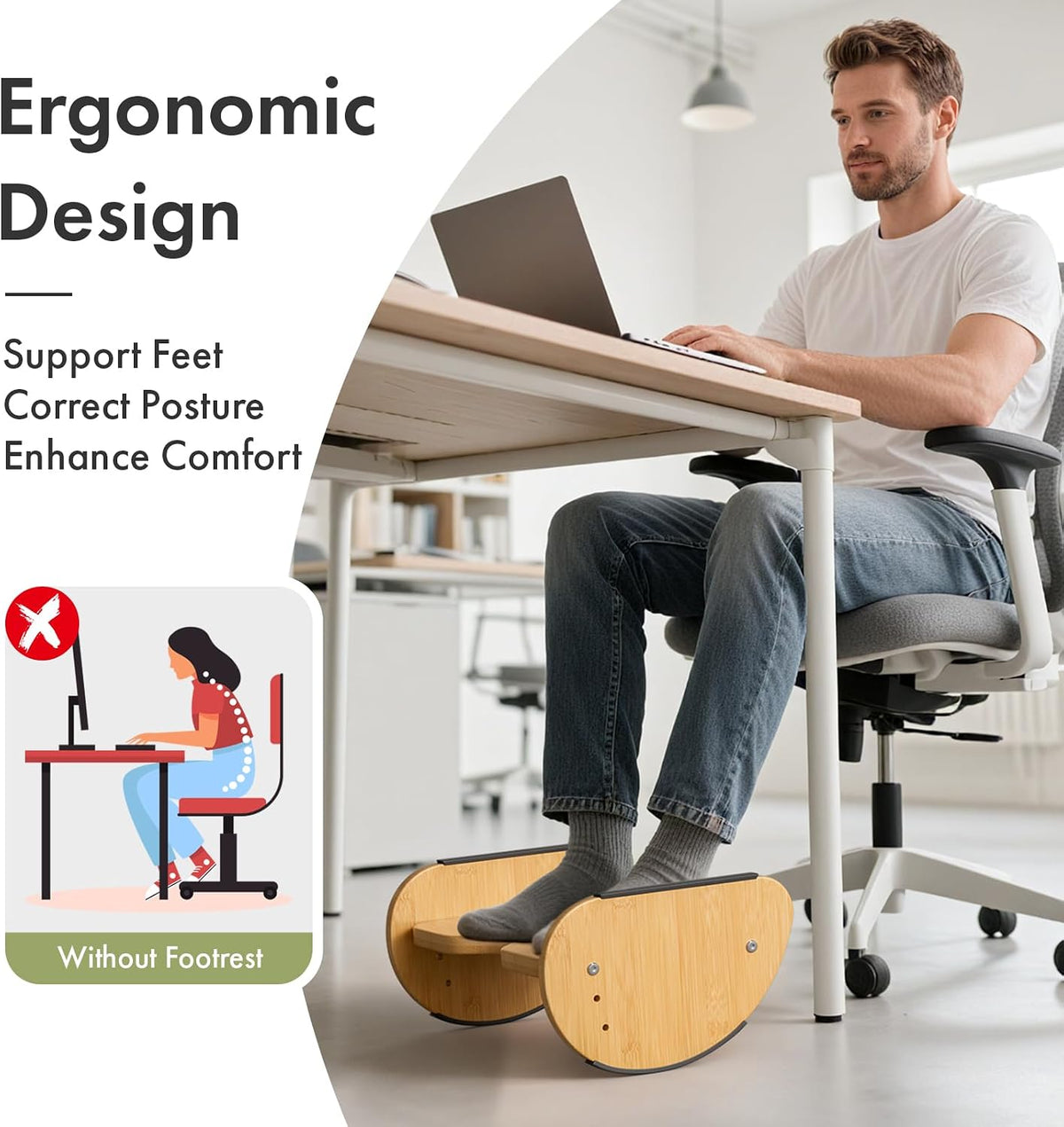 Bamboo Under Desk Footrest with Cushion 3-in-1, Reversible Ergonomic Wood Rocking Foot Rest for Under Desk at Work, Adjustable Foot Stools with Washable Cover, Desk Leg Rest for Home Office