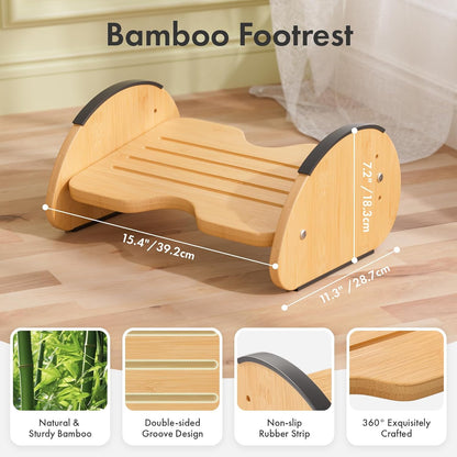 Bamboo Under Desk Footrest with Cushion 3-in-1, Reversible Ergonomic Wood Rocking Foot Rest for Under Desk at Work, Adjustable Foot Stools with Washable Cover, Desk Leg Rest for Home Office