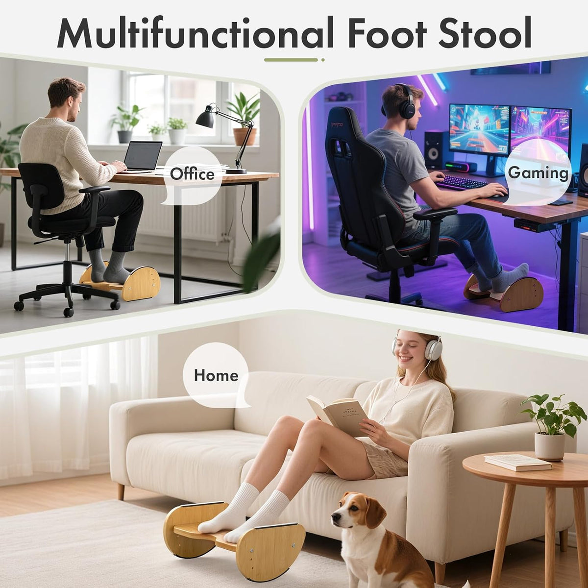 Bamboo Under Desk Footrest with Cushion 3-in-1, Reversible Ergonomic Wood Rocking Foot Rest for Under Desk at Work, Adjustable Foot Stools with Washable Cover, Desk Leg Rest for Home Office