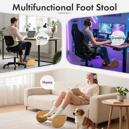 Bamboo Under Desk Footrest with Cushion 3-in-1, Reversible Ergonomic Wood Rocking Foot Rest for Under Desk at Work, Adjustable Foot Stools with Washable Cover, Desk Leg Rest for Home Office
