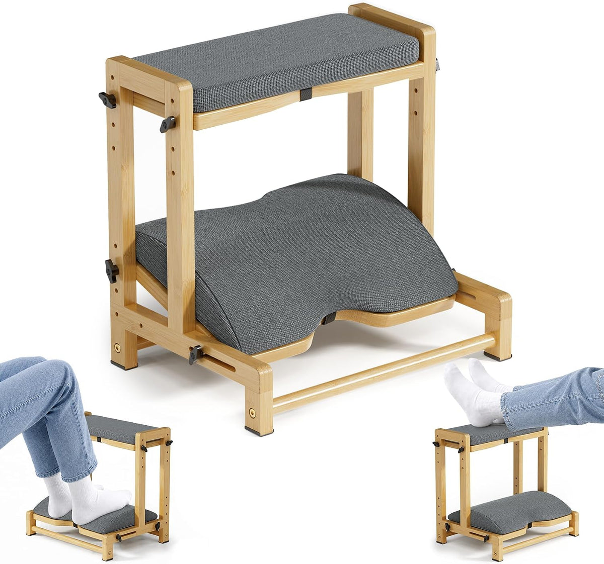 Bamboo Under Desk Footrest with Cushion 3-in-1, Reversible Ergonomic Wood Rocking Foot Rest for Under Desk at Work, Adjustable Foot Stools with Washable Cover, Desk Leg Rest for Home Office