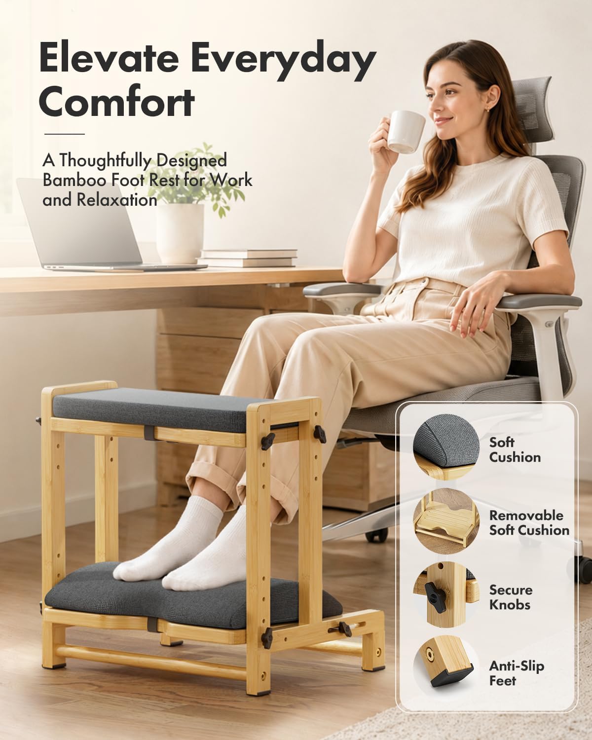 Bamboo Under Desk Footrest with Cushion 3-in-1, Reversible Ergonomic Wood Rocking Foot Rest for Under Desk at Work, Adjustable Foot Stools with Washable Cover, Desk Leg Rest for Home Office