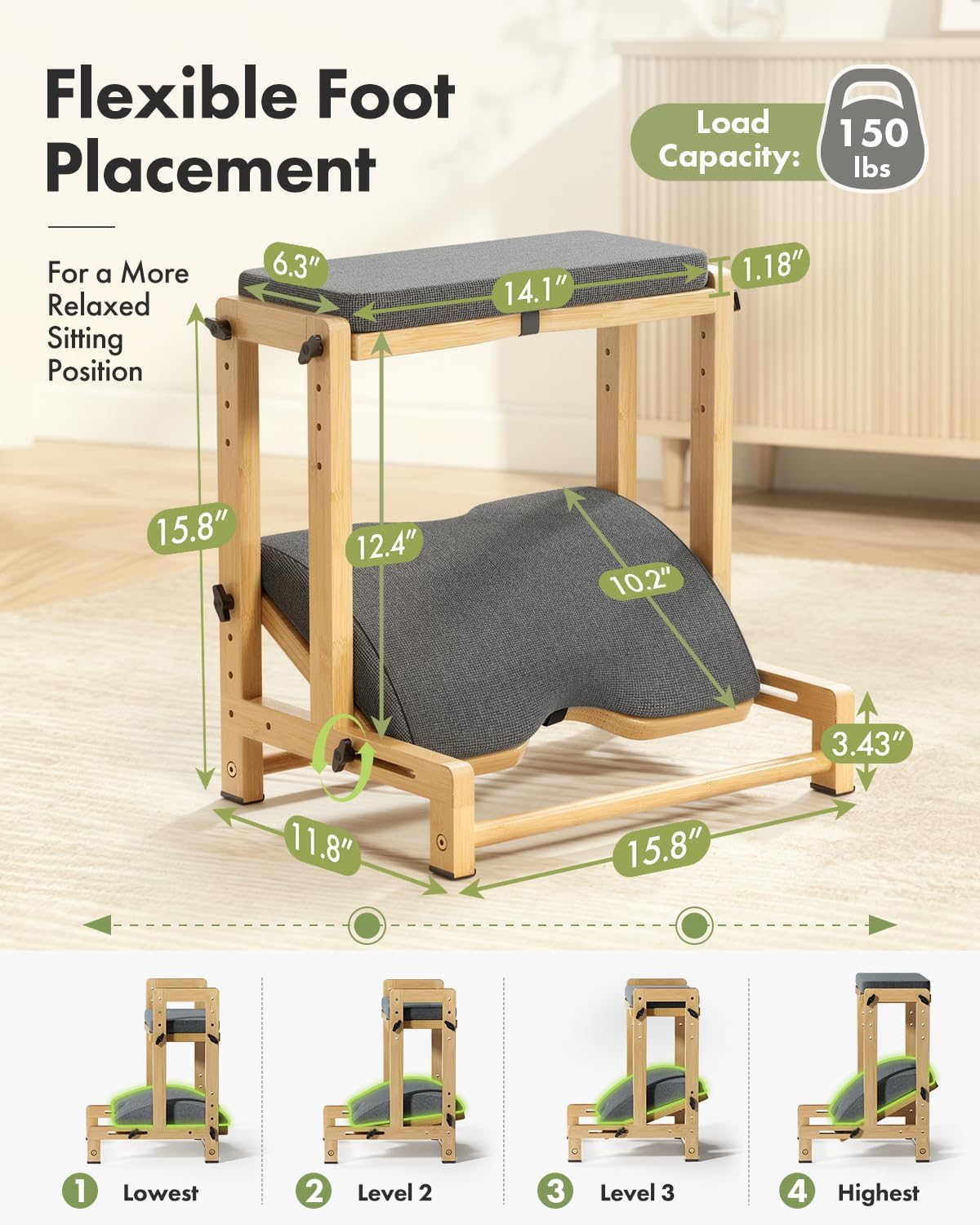 Bamboo Under Desk Footrest with Cushion 3-in-1, Reversible Ergonomic Wood Rocking Foot Rest for Under Desk at Work, Adjustable Foot Stools with Washable Cover, Desk Leg Rest for Home Office