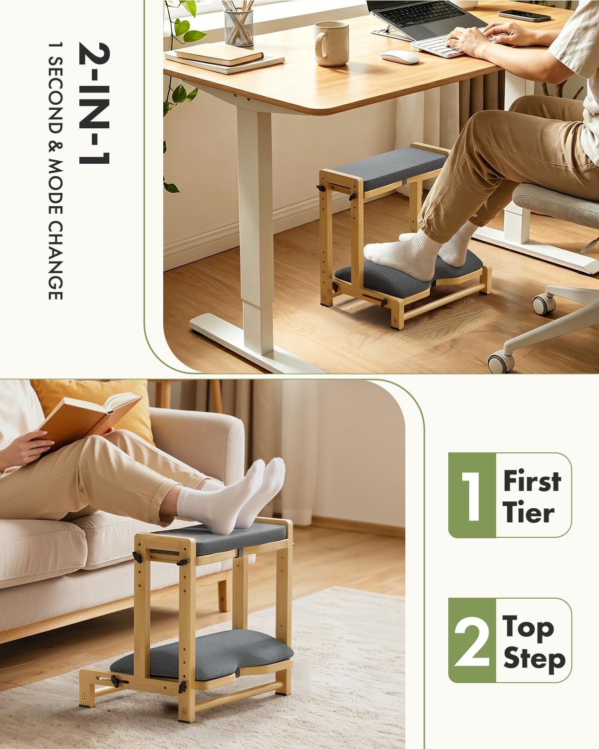 Bamboo Under Desk Footrest with Cushion 3-in-1, Reversible Ergonomic Wood Rocking Foot Rest for Under Desk at Work, Adjustable Foot Stools with Washable Cover, Desk Leg Rest for Home Office