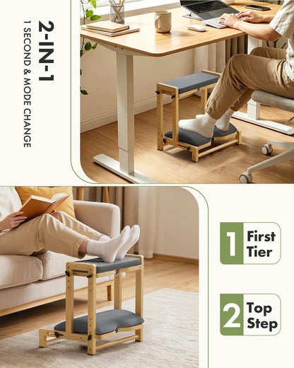 Bamboo Under Desk Footrest with Cushion 3-in-1, Reversible Ergonomic Wood Rocking Foot Rest for Under Desk at Work, Adjustable Foot Stools with Washable Cover, Desk Leg Rest for Home Office