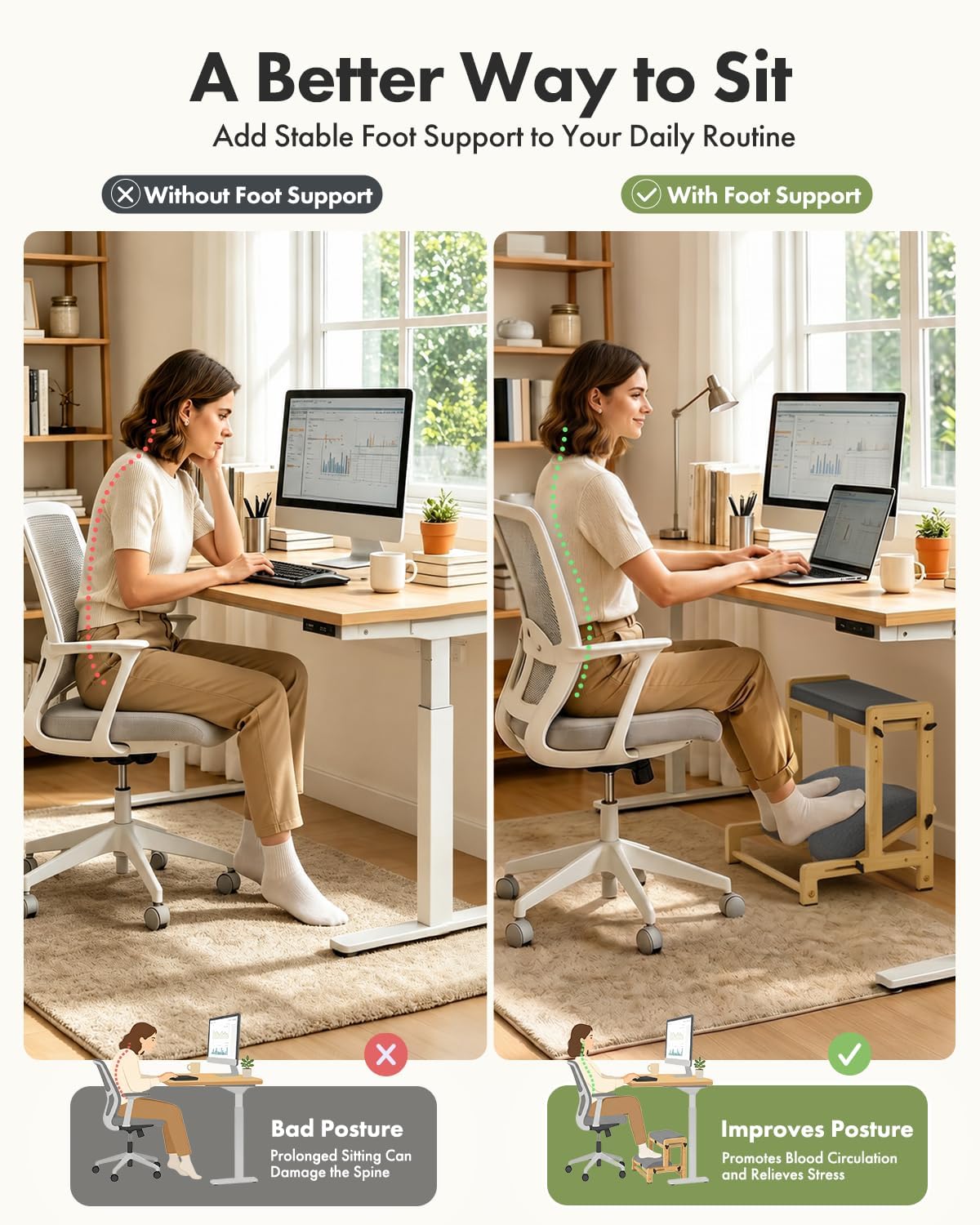 Bamboo Under Desk Footrest with Cushion 3-in-1, Reversible Ergonomic Wood Rocking Foot Rest for Under Desk at Work, Adjustable Foot Stools with Washable Cover, Desk Leg Rest for Home Office
