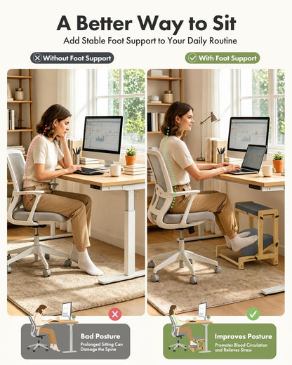 Bamboo Under Desk Footrest with Cushion 3-in-1, Reversible Ergonomic Wood Rocking Foot Rest for Under Desk at Work, Adjustable Foot Stools with Washable Cover, Desk Leg Rest for Home Office