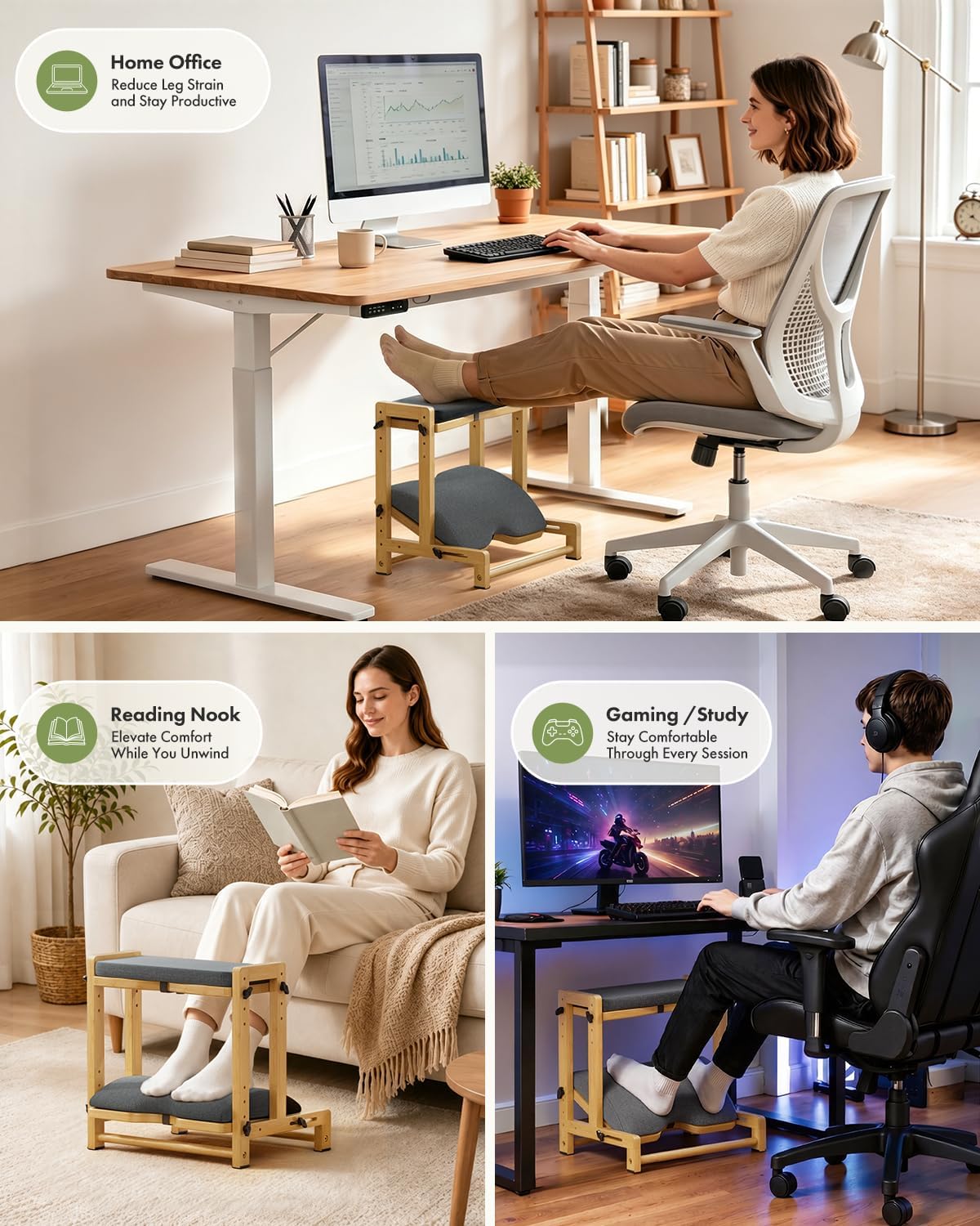 Bamboo Under Desk Footrest with Cushion 3-in-1, Reversible Ergonomic Wood Rocking Foot Rest for Under Desk at Work, Adjustable Foot Stools with Washable Cover, Desk Leg Rest for Home Office