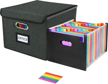 File Organizer Box with 25-Pocket Accordion Folder, File Folder & Protective Lid - Document Storage for Home, Office, School, Dark Grey