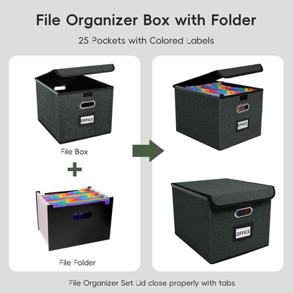 File Organizer Box with 25-Pocket Accordion Folder, File Folder & Protective Lid - Document Storage for Home, Office, School, Dark Grey
