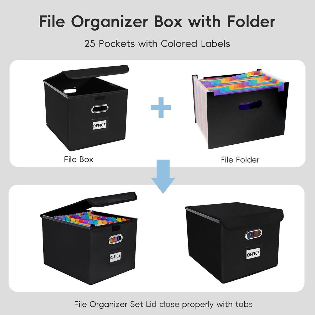 File Organizer Box with 25-Pocket Accordion Folder, File Folder & Protective Lid - Document Storage for Home, Office, School, Dark Grey