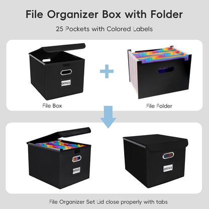 File Organizer Box with 25-Pocket Accordion Folder, File Folder & Protective Lid - Document Storage for Home, Office, School, Dark Grey
