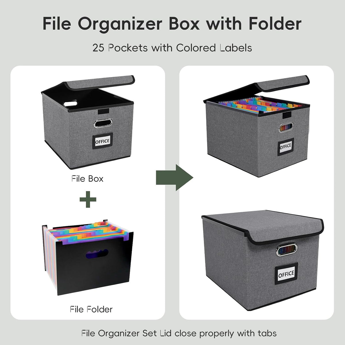 File Organizer Box with 25-Pocket Accordion Folder, File Folder & Protective Lid - Document Storage for Home, Office, School, Dark Grey