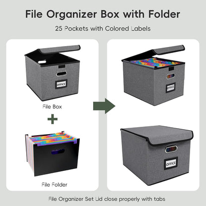 File Organizer Box with 25-Pocket Accordion Folder, File Folder & Protective Lid - Document Storage for Home, Office, School, Dark Grey