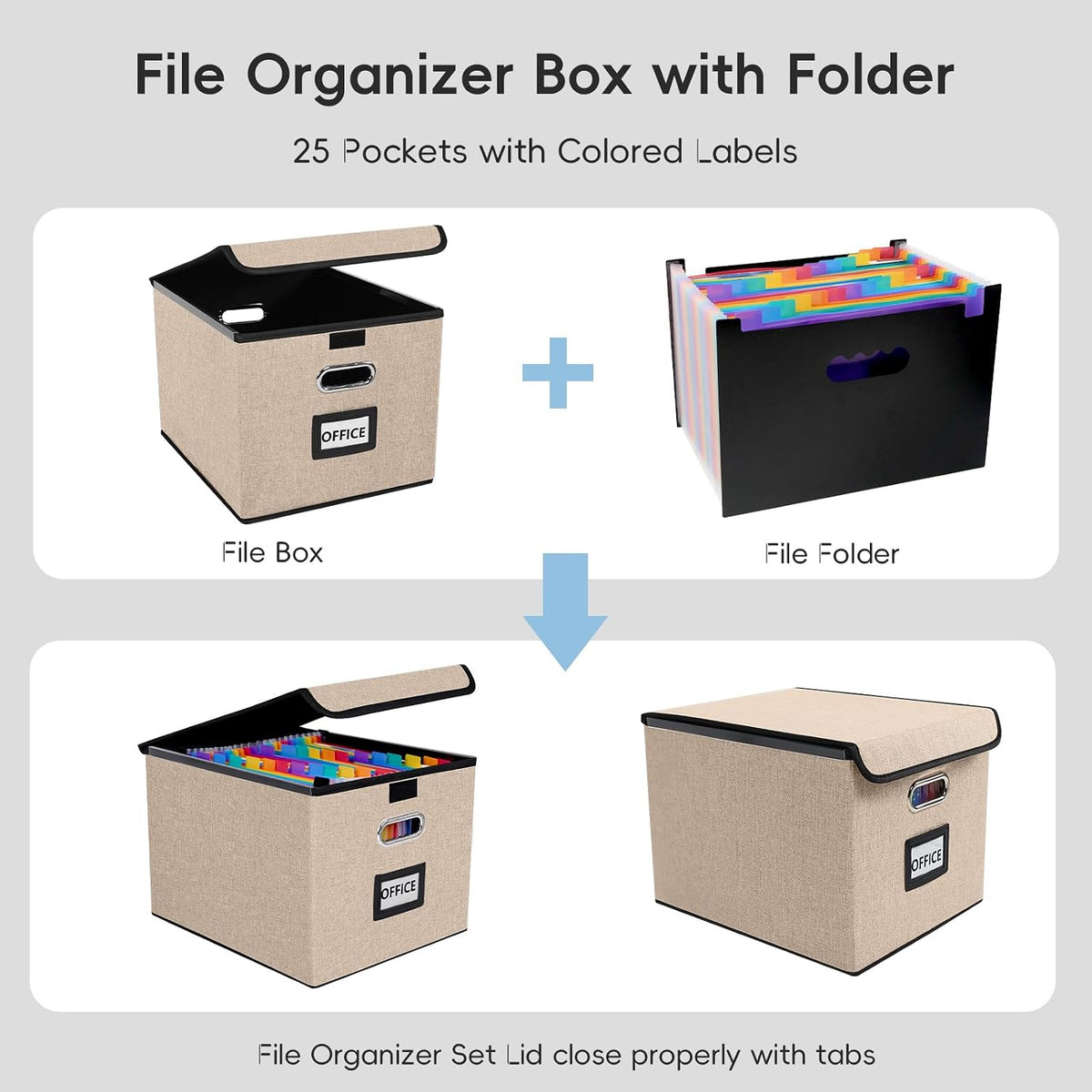 File Organizer Box with 25-Pocket Accordion Folder, File Folder & Protective Lid - Document Storage for Home, Office, School, Dark Grey