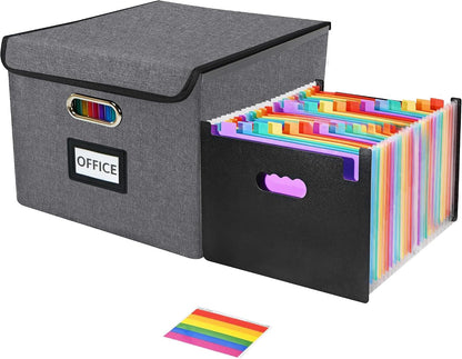 File Organizer Box with 25-Pocket Accordion Folder, File Folder & Protective Lid - Document Storage for Home, Office, School, Dark Grey