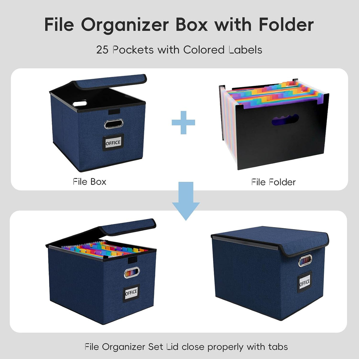 File Organizer Box with 25-Pocket Accordion Folder, File Folder & Protective Lid - Document Storage for Home, Office, School, Dark Grey