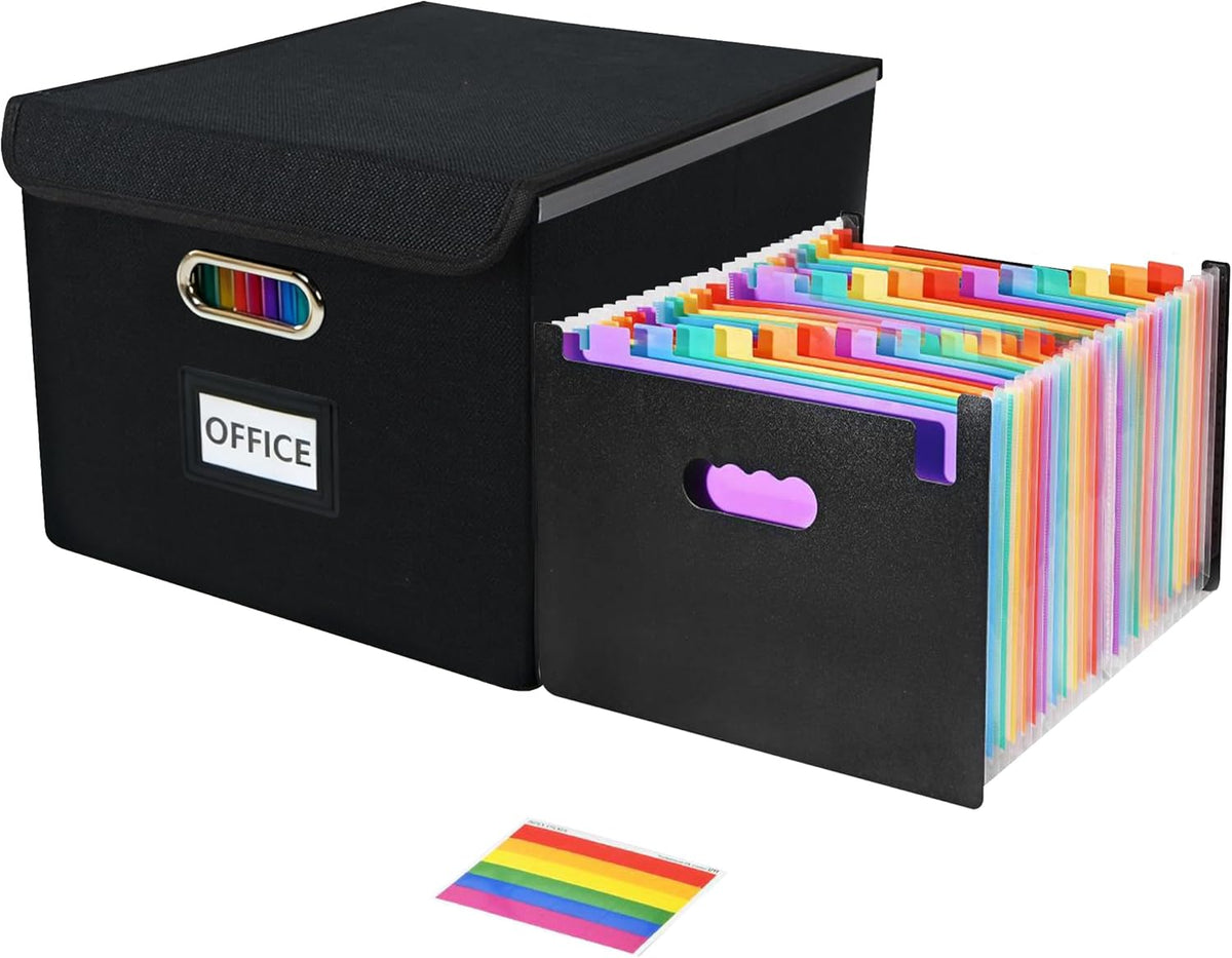 File Organizer Box with 25-Pocket Accordion Folder, File Folder & Protective Lid - Document Storage for Home, Office, School, Dark Grey
