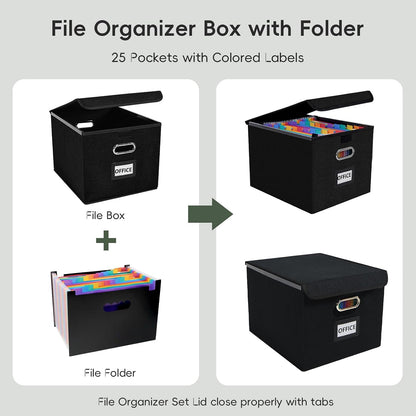 File Organizer Box with 25-Pocket Accordion Folder, File Folder & Protective Lid - Document Storage for Home, Office, School, Dark Grey