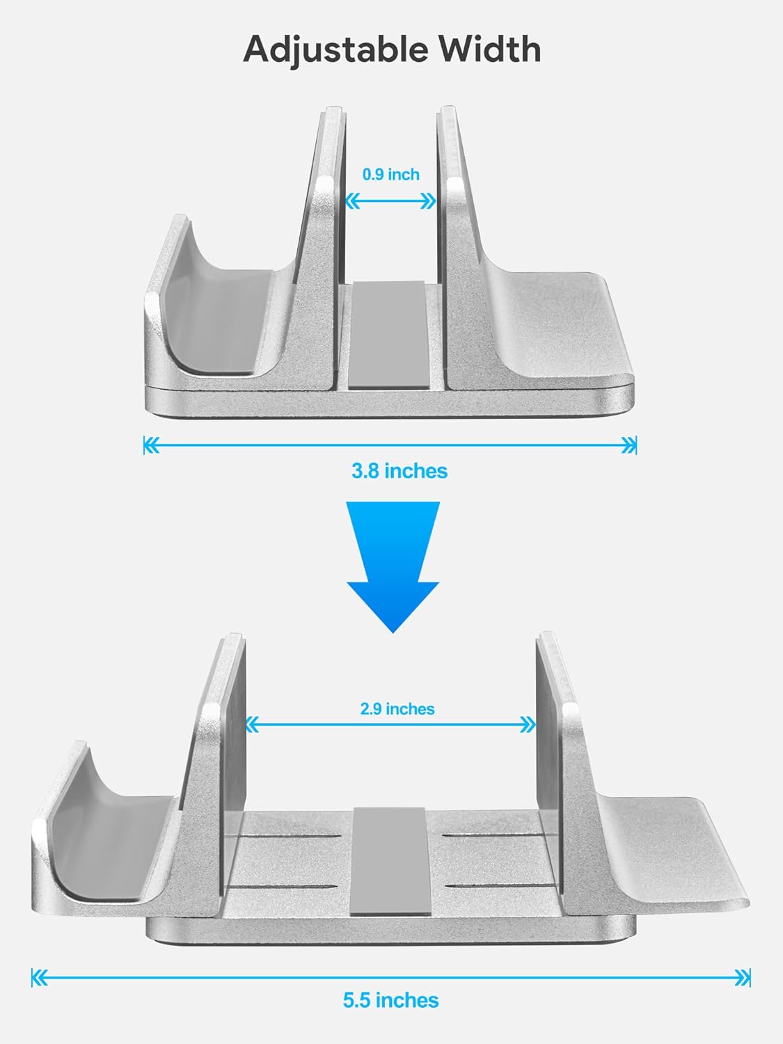 2-in-1 Vertical Laptop Stand, Adjustable Aluminum Desk Dock, Silver