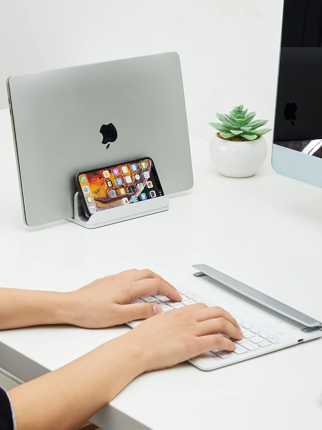 2-in-1 Vertical Laptop Stand, Adjustable Aluminum Desk Dock, Silver