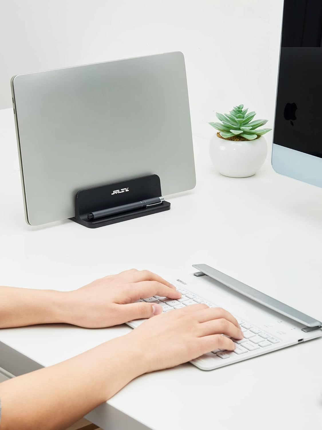 2-in-1 Vertical Laptop Stand, Adjustable Aluminum Desk Dock, Silver