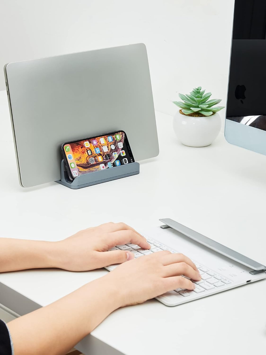 2-in-1 Vertical Laptop Stand, Adjustable Aluminum Desk Dock, Silver
