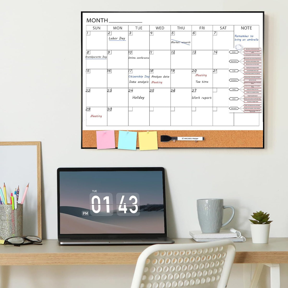 Dry Erase Calendar with Cork Board for Wall