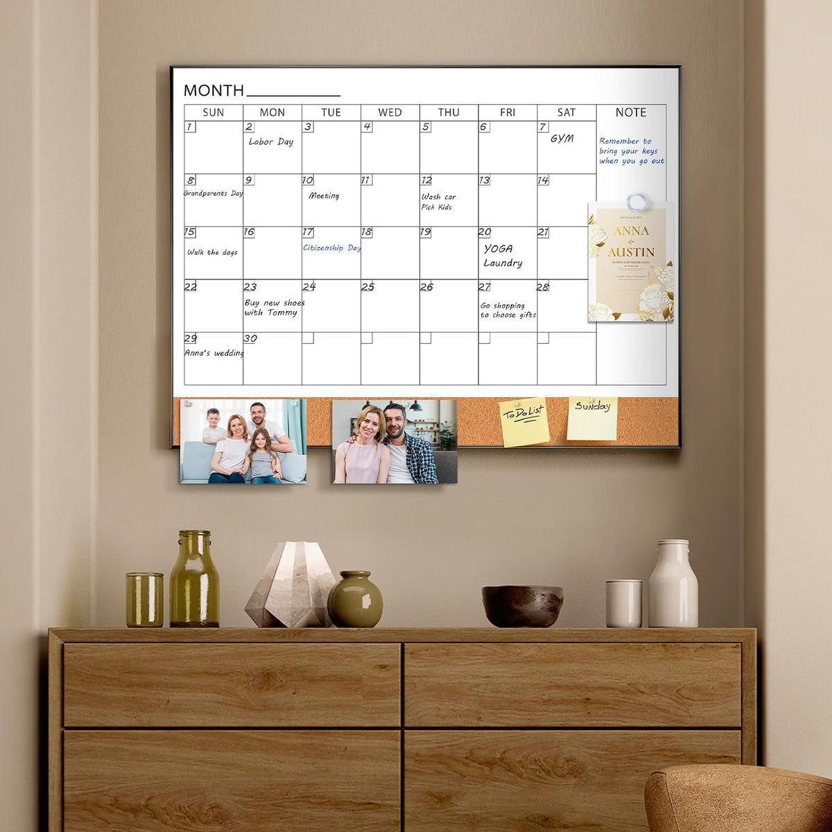 Dry Erase Calendar with Cork Board for Wall