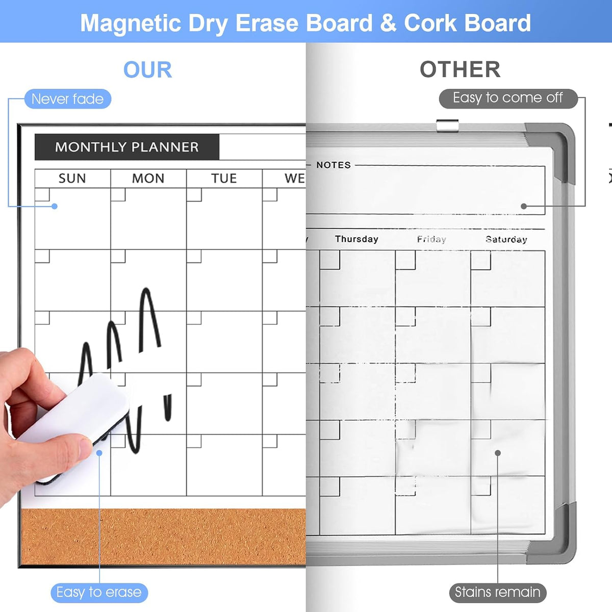 Dry Erase Calendar with Cork Board for Wall