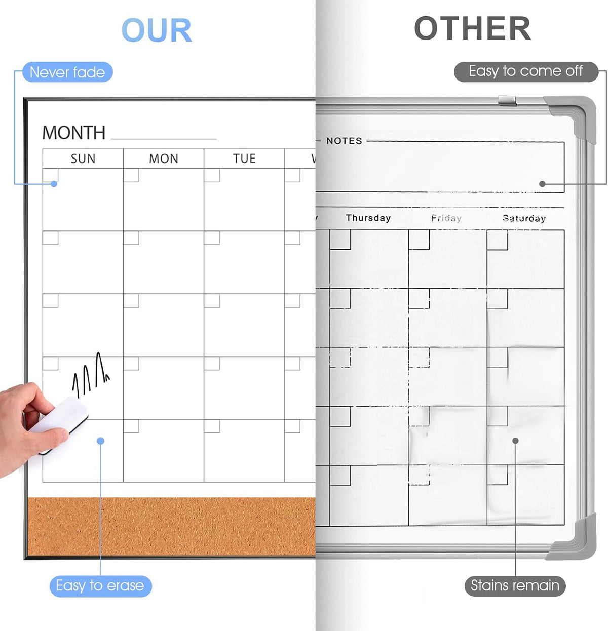 Dry Erase Calendar with Cork Board for Wall
