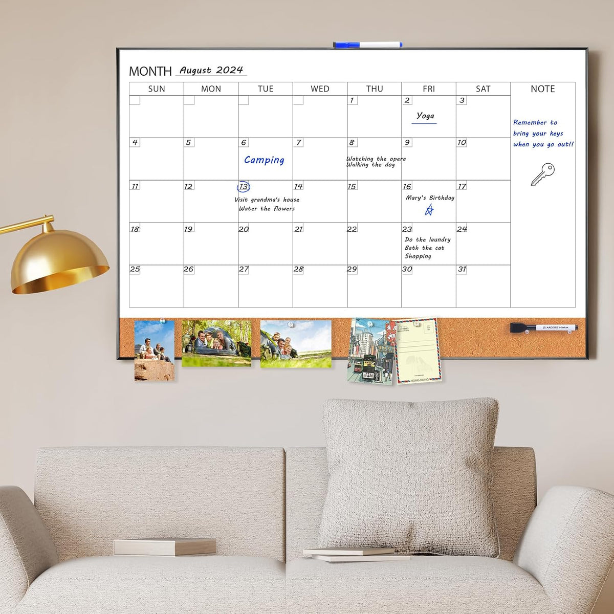 Dry Erase Calendar with Cork Board for Wall