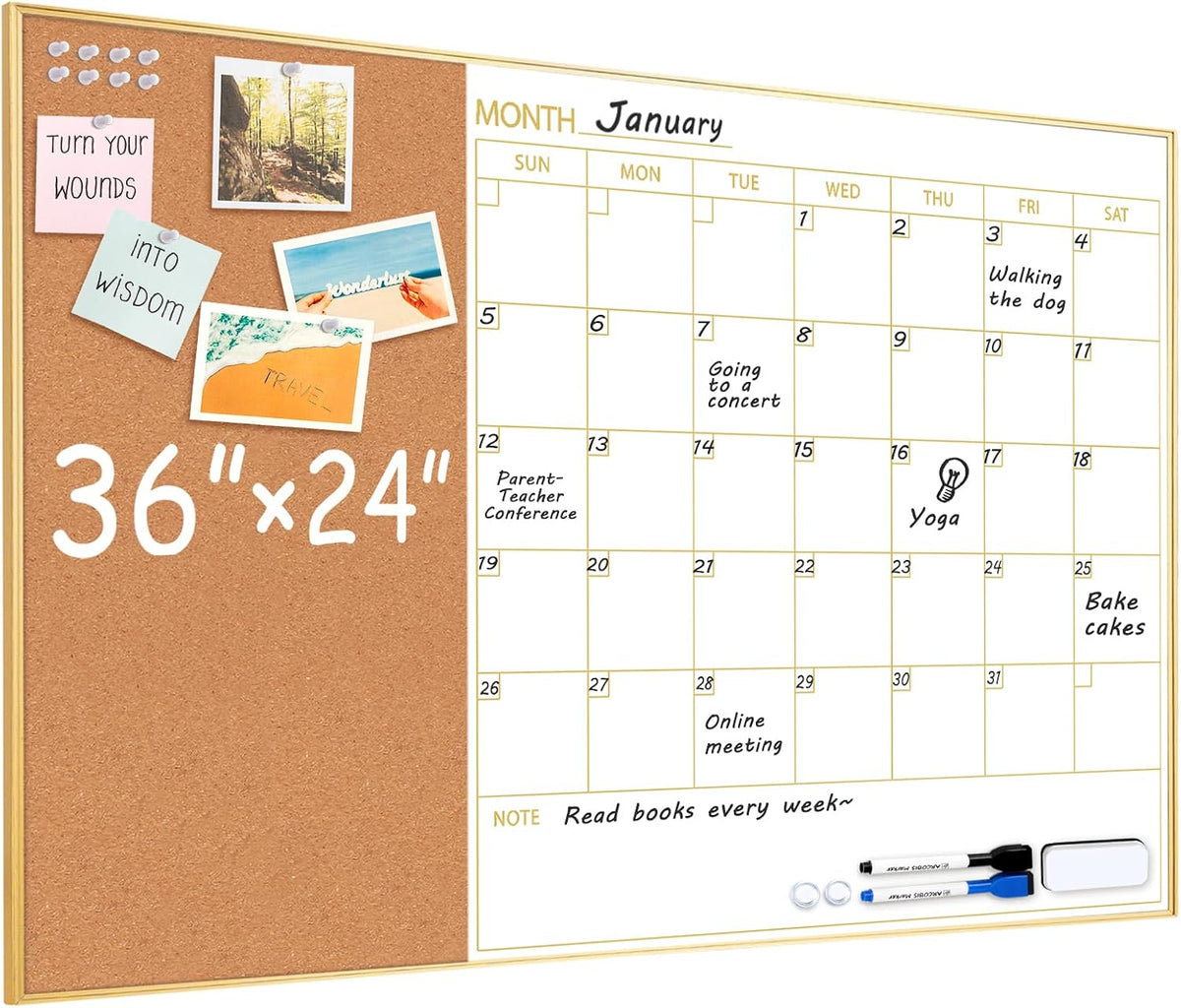 Dry Erase Calendar with Cork Board for Wall