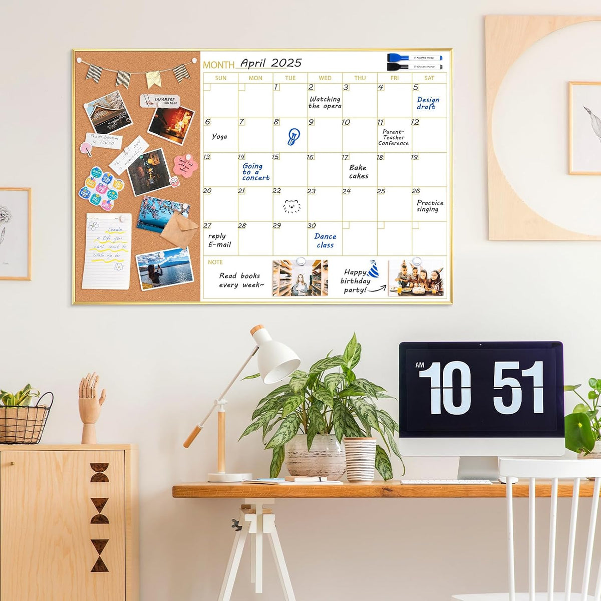 Dry Erase Calendar with Cork Board for Wall