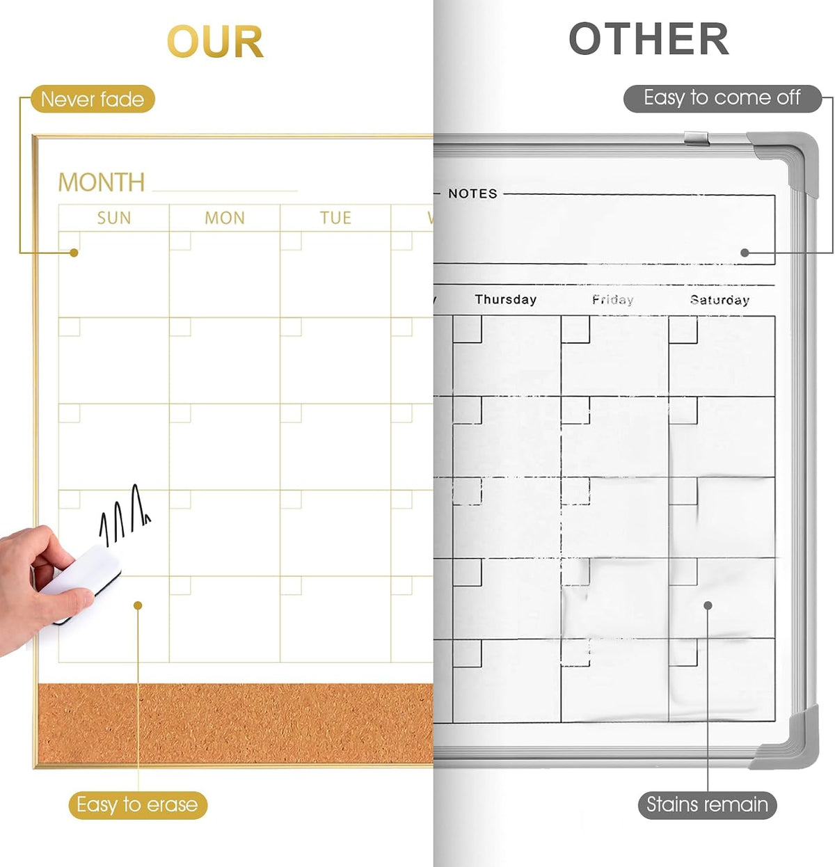 Dry Erase Calendar with Cork Board for Wall