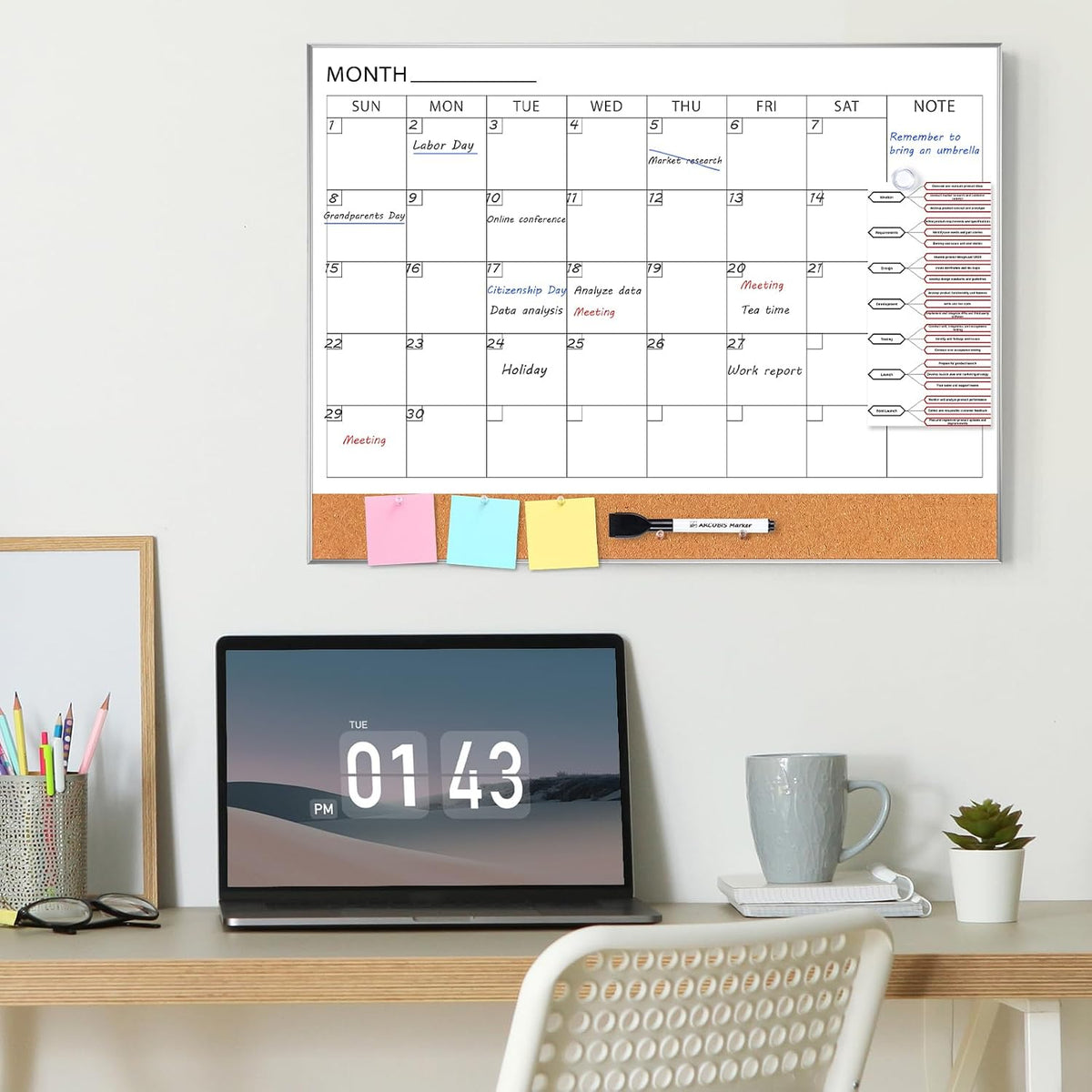 Dry Erase Calendar with Cork Board for Wall
